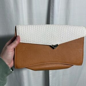 Tan & White Woven Flap Clutch Crossbody( no strap ) Vegan Leather Minimalist